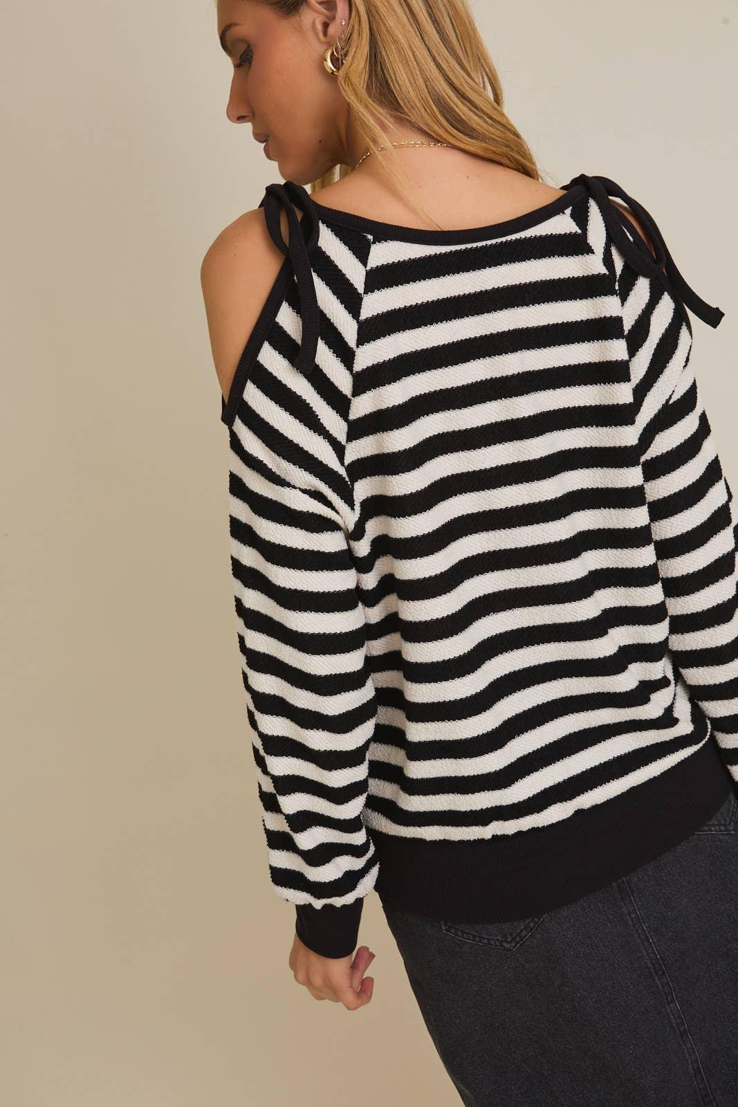 Women's Long Sleeve - ROUND NECK SHOULDER CUT-OUT TIE LONG SLEEVE STRIPE TOP - - Cultured Cloths Apparel