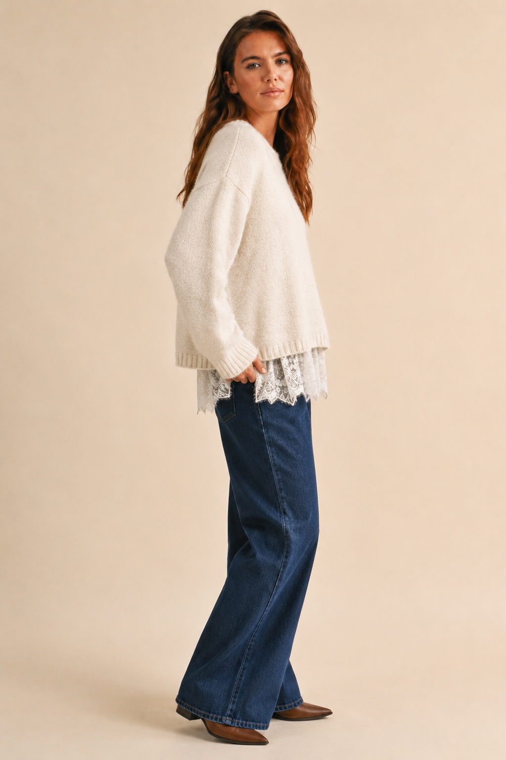 CREW NECK MESH EYELET LACE HEM PULLOVER SWEATER