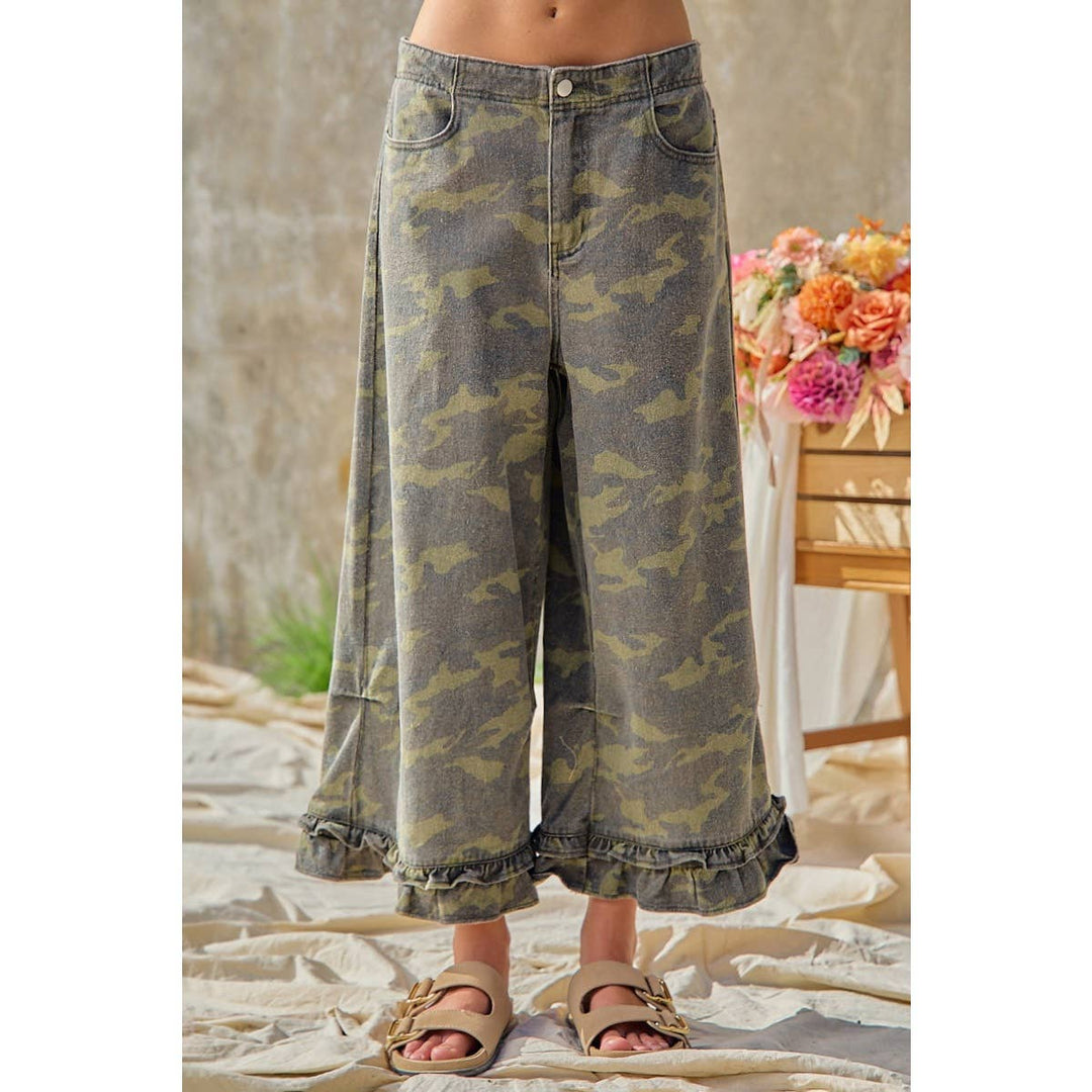 Pants - CAMOUFLAGE DENIM RUFFLED HEM MID RISE PANTS - XL - Cultured Cloths Apparel