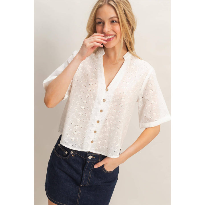 Olive Floral Eyelet Mandarin Collar Top