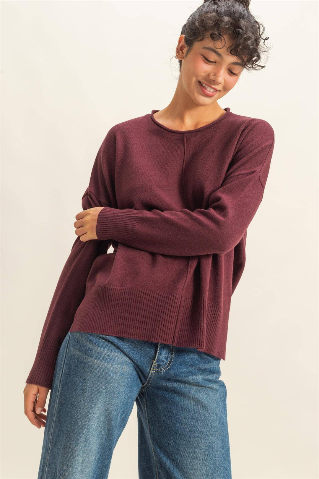 Women's Sweaters - Round Roll Neck Drop Shoulder Sweater - Small - Cultured Cloths Apparel