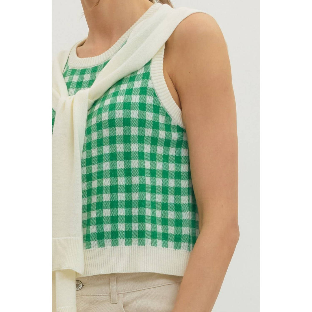 Women's Sleeveless - Gingham sleeveless sweater knit top - - Cultured Cloths Apparel