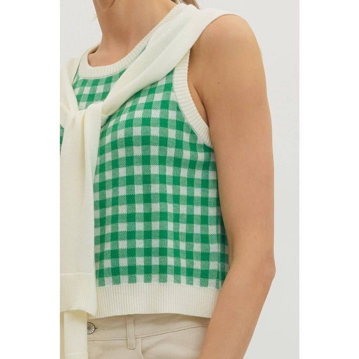Women's Sleeveless - Gingham sleeveless sweater knit top - - Cultured Cloths Apparel