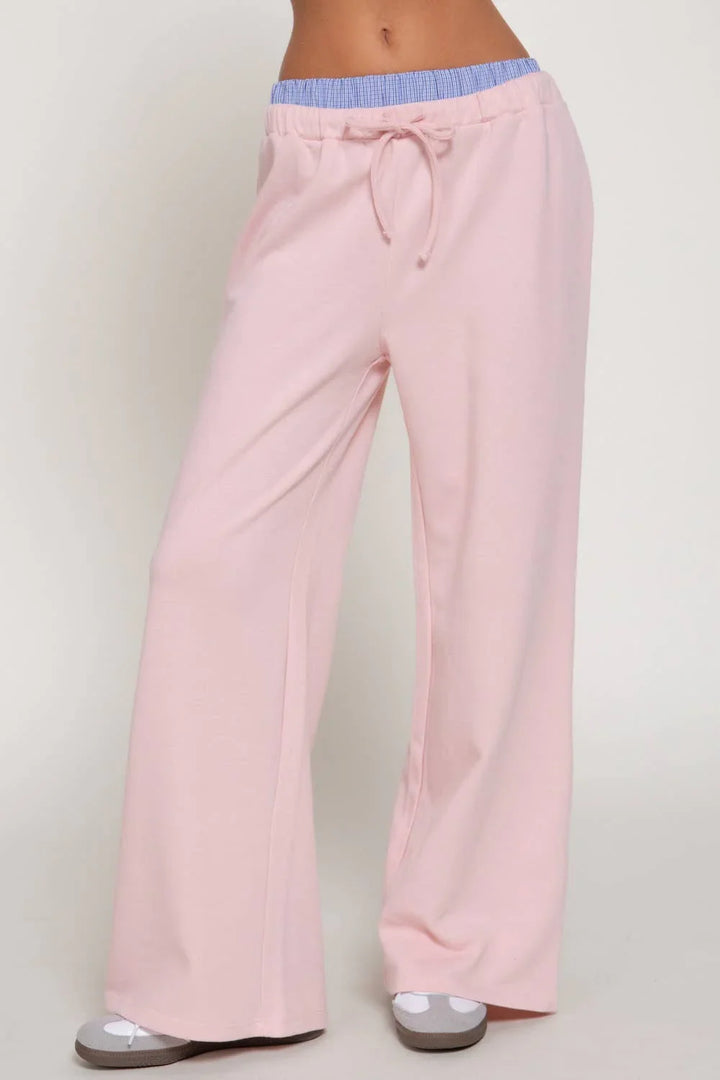 Elastic Waist Long Pants with Contrasting Check Panel