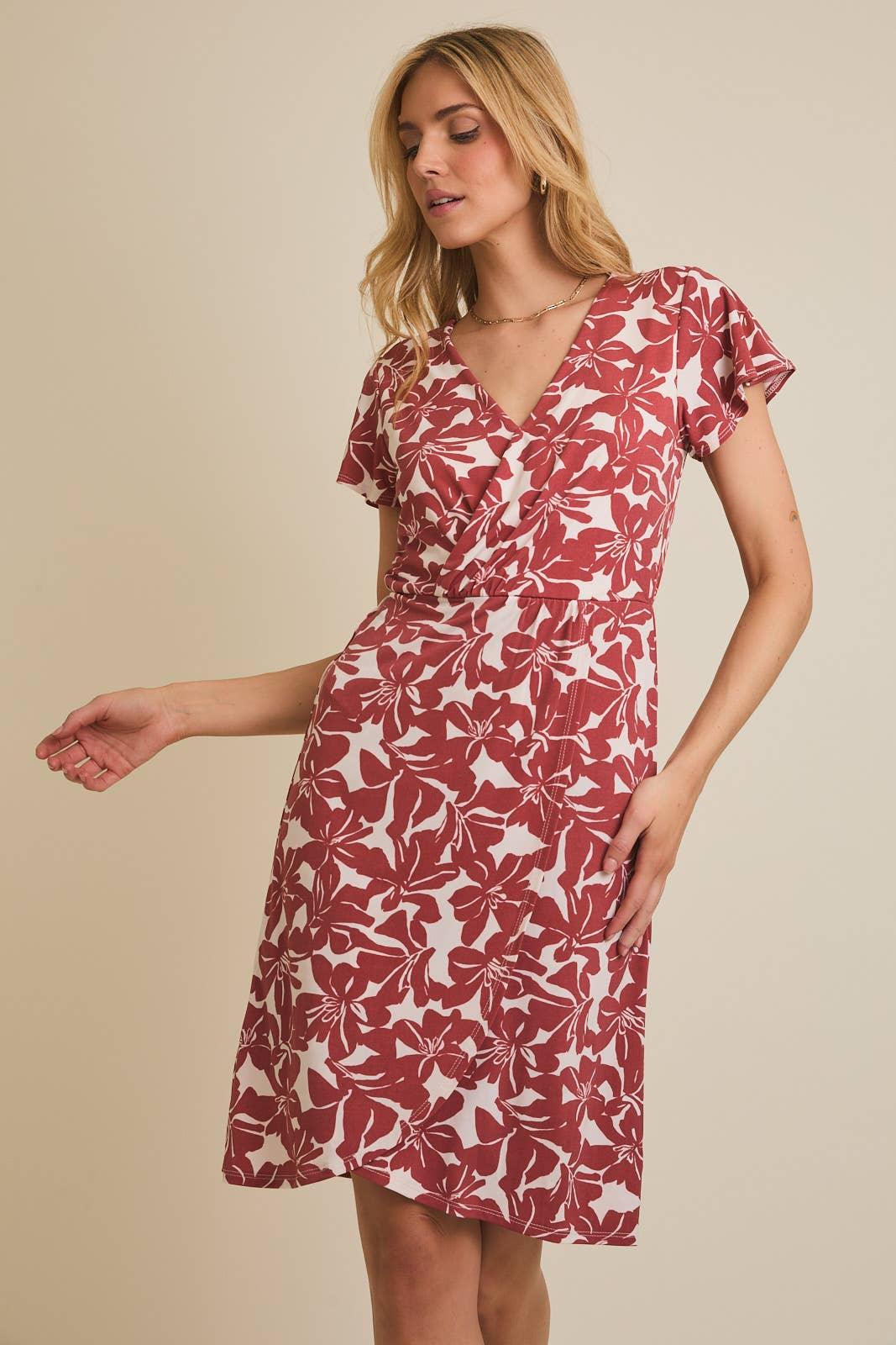 Women's Dresses - SURPLICE RUFFLE SHORT SLEEVE FLORAL PRINT DRESS - CREAM-RUST FLORAL - Cultured Cloths Apparel