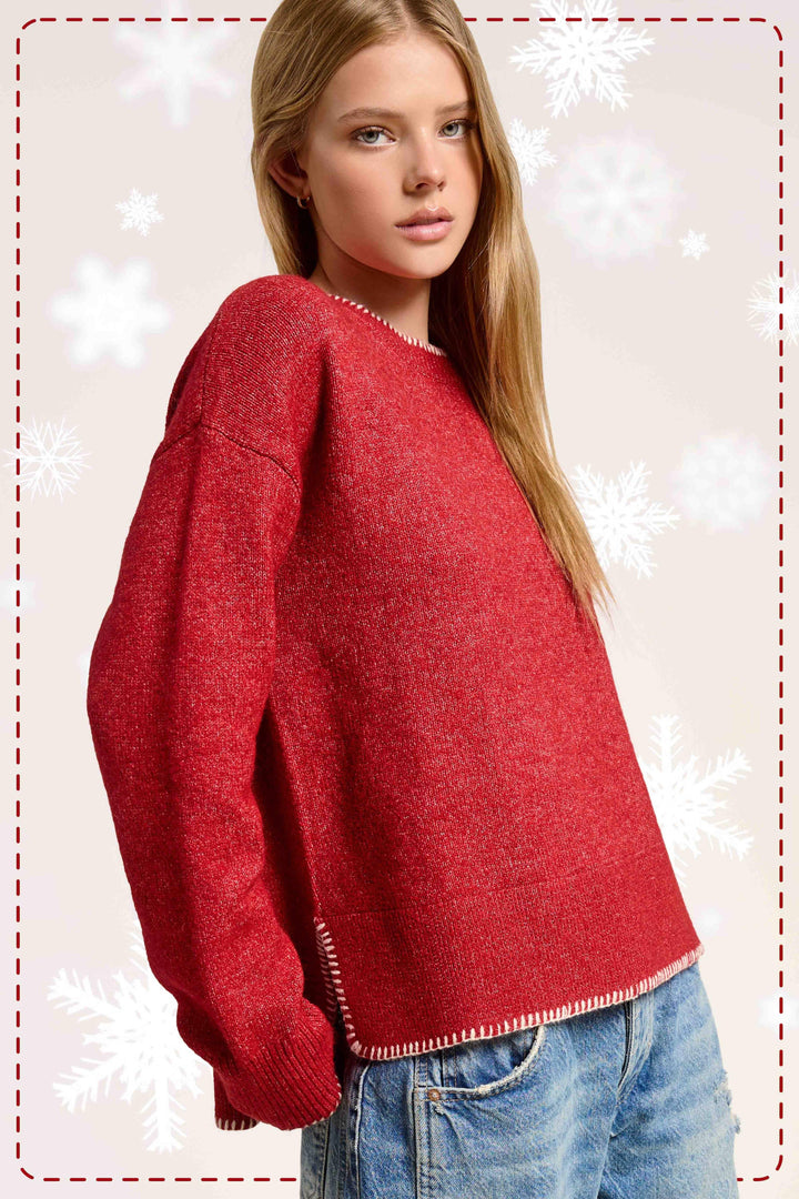 Hi-Low Crew Neck Sweater W/ Contrast Blanket Stitch
