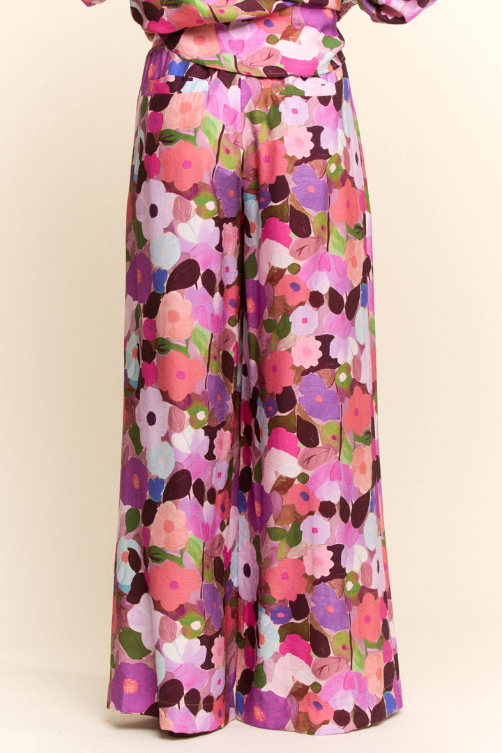 Pants - BERRY FLORAL PRINT WIDE-LEG PANTS WITH DRAWSTRING WAIST - - Cultured Cloths Apparel