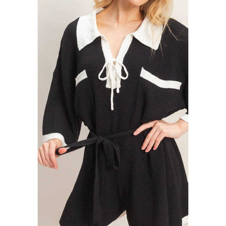 Women's Rompers - Knit Romper With Contrast Tie - - Cultured Cloths Apparel