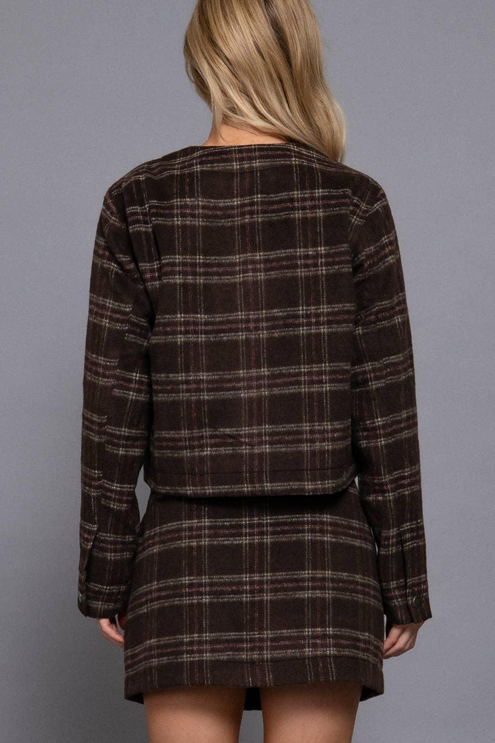 Outerwear - Long Sleeve Round Neck Brushed Plaid Jacket - - Cultured Cloths Apparel
