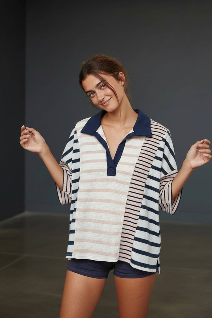 Women's Short Sleeve - Stripe-block Collar Short-sleeve Top - - Cultured Cloths Apparel