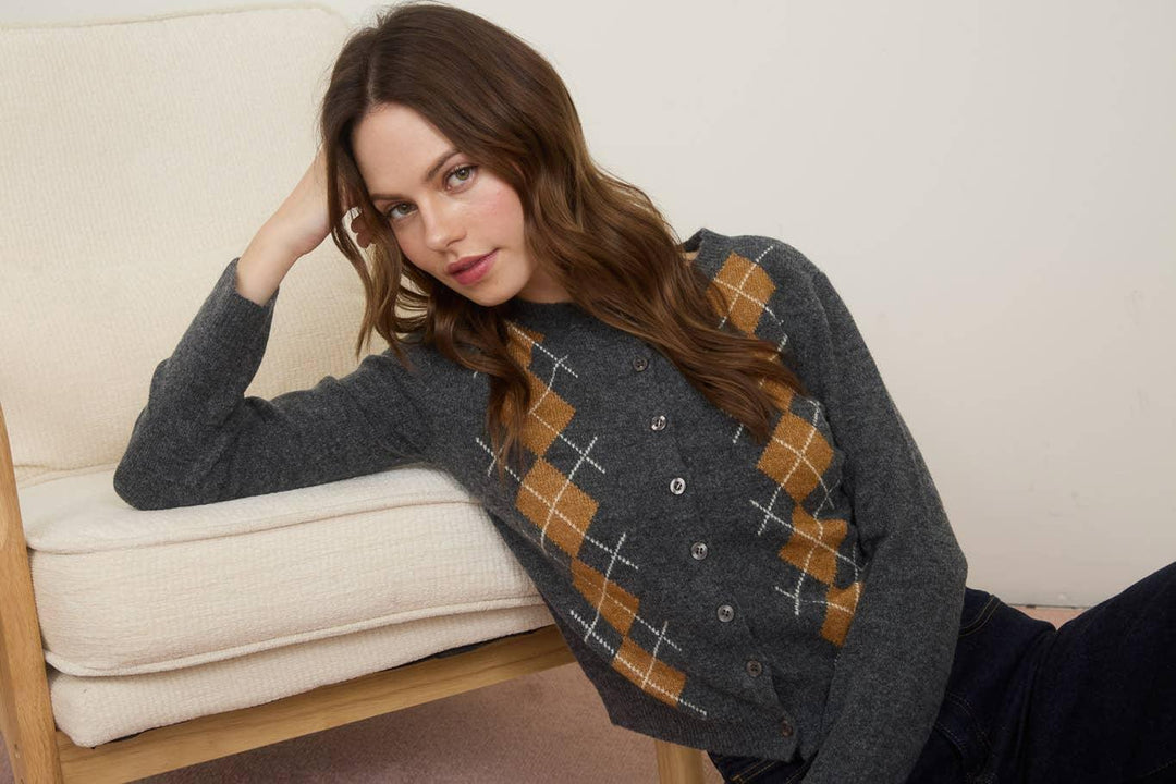 Women's Sweaters - ARGYLE PATTERN BUTTON DOWN LONG SLEEVE CARDIGAN - - Cultured Cloths Apparel