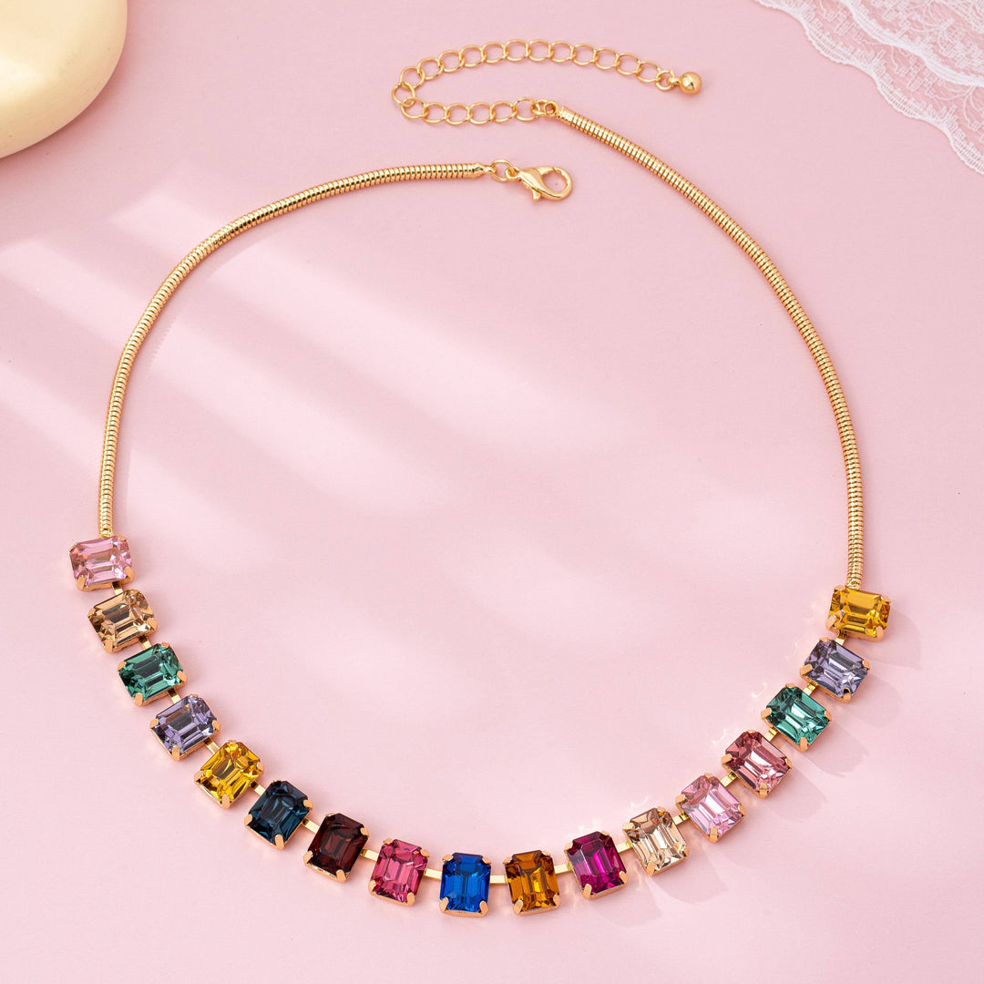 Accessories, Necklaces - Rainbow Emerald-Cut Gemstone Statement Necklace - - Cultured Cloths Apparel