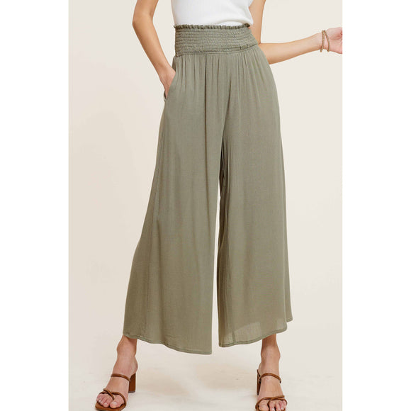 bottoms - Wide Leg Smocked Waist Spring Summer Pants - Olive - Cultured Cloths Apparel
