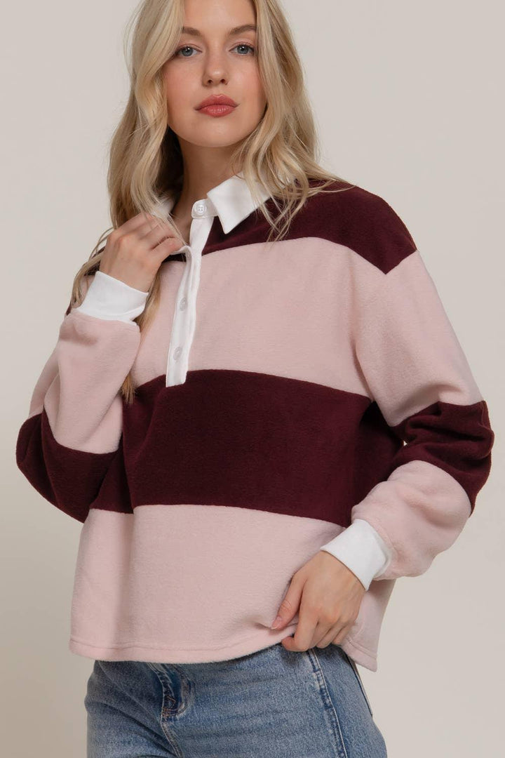Women's Long Sleeve - Long Sleeve Rugby Stripe Fleece Polo Top - - Cultured Cloths Apparel
