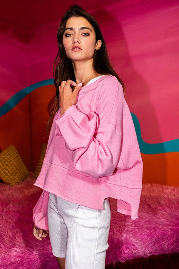 Lantern Sleeve Button-up French Terry Crop Top