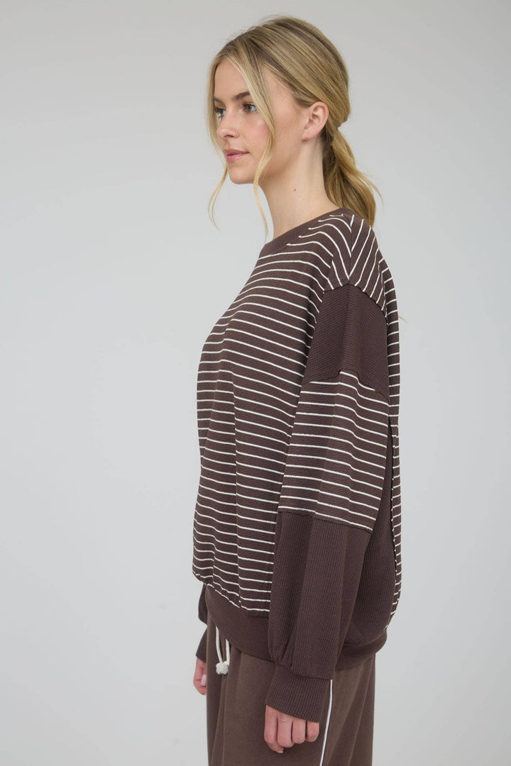 Women's Long Sleeve - CONTRAST STRIPE RAW EDGE LONG SLEEVE KNIT TOP - - Cultured Cloths Apparel