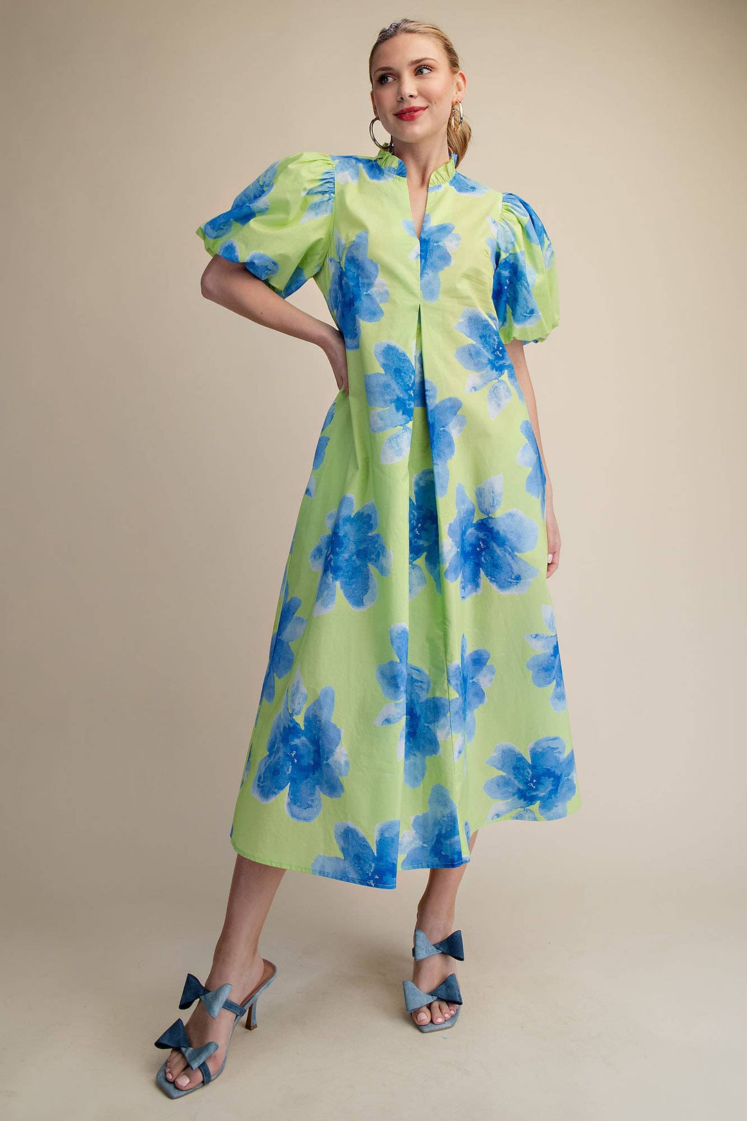 Lime Ruffle V-Neck Puff Sleeve Waist Pleated Midi Dress