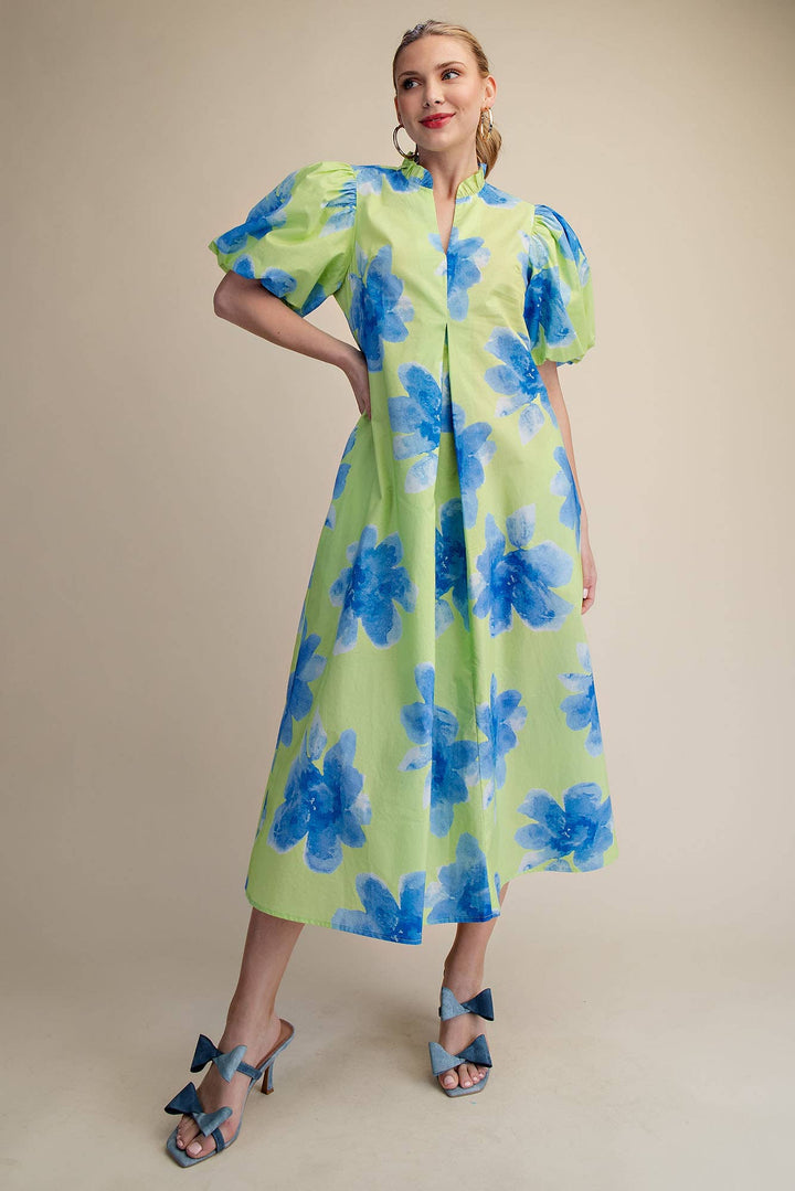 Lime Ruffle V-Neck Puff Sleeve Waist Pleated Midi Dress