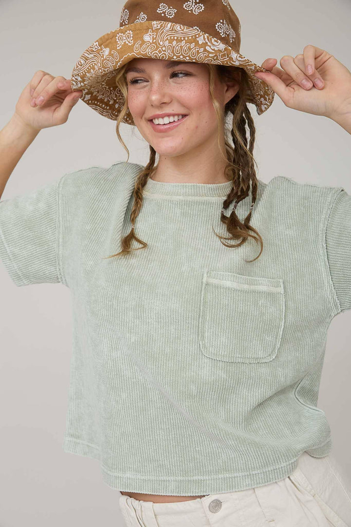 Women's Short Sleeve - WASHED RIBBED SHORT SLEEVE TEE WITH POCKET - LIGHT OLIVE - Cultured Cloths Apparel