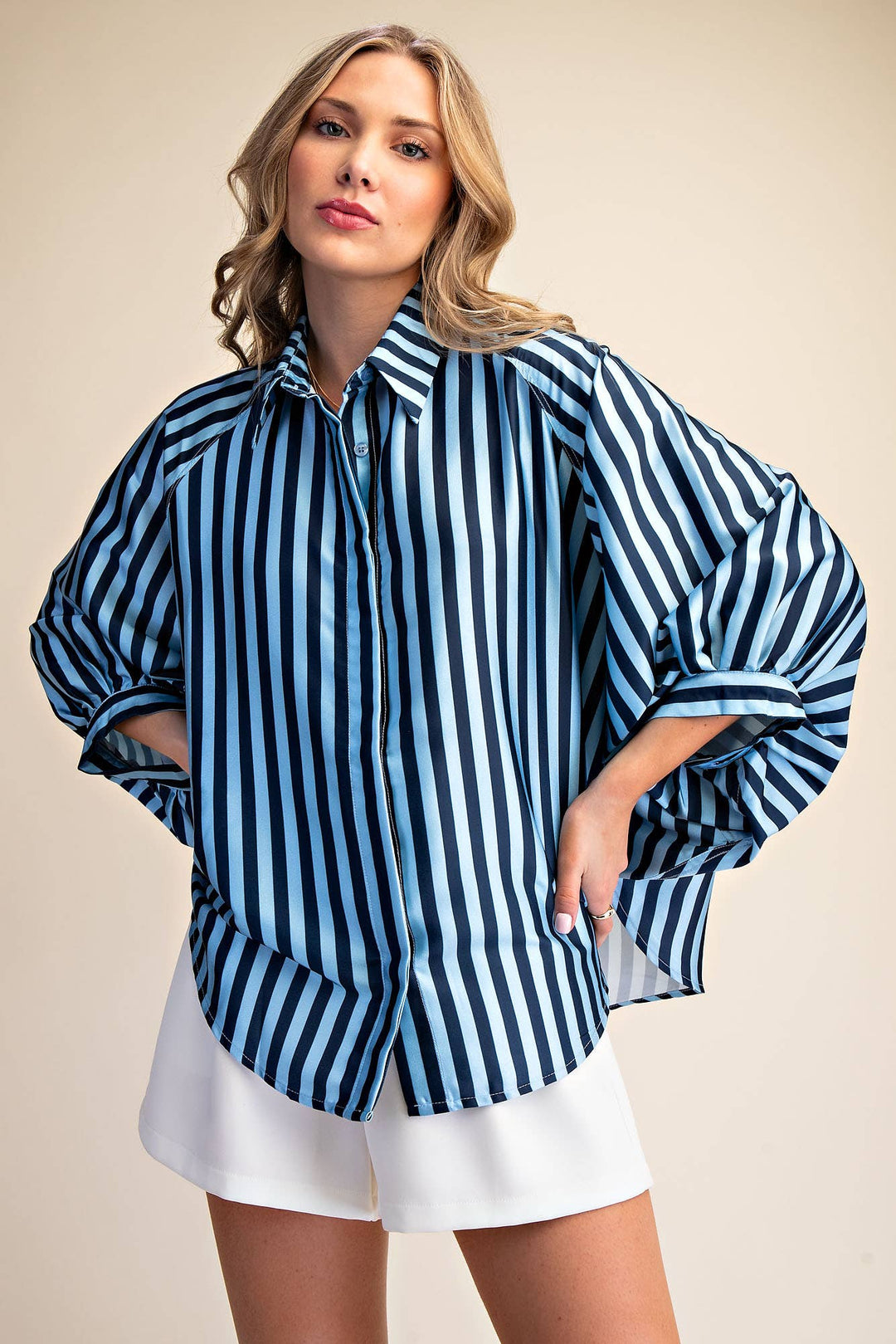 Women's 3/4 Sleeve - Balloon Dolman Sleeve Button Front Oversized Shirt - - Cultured Cloths Apparel