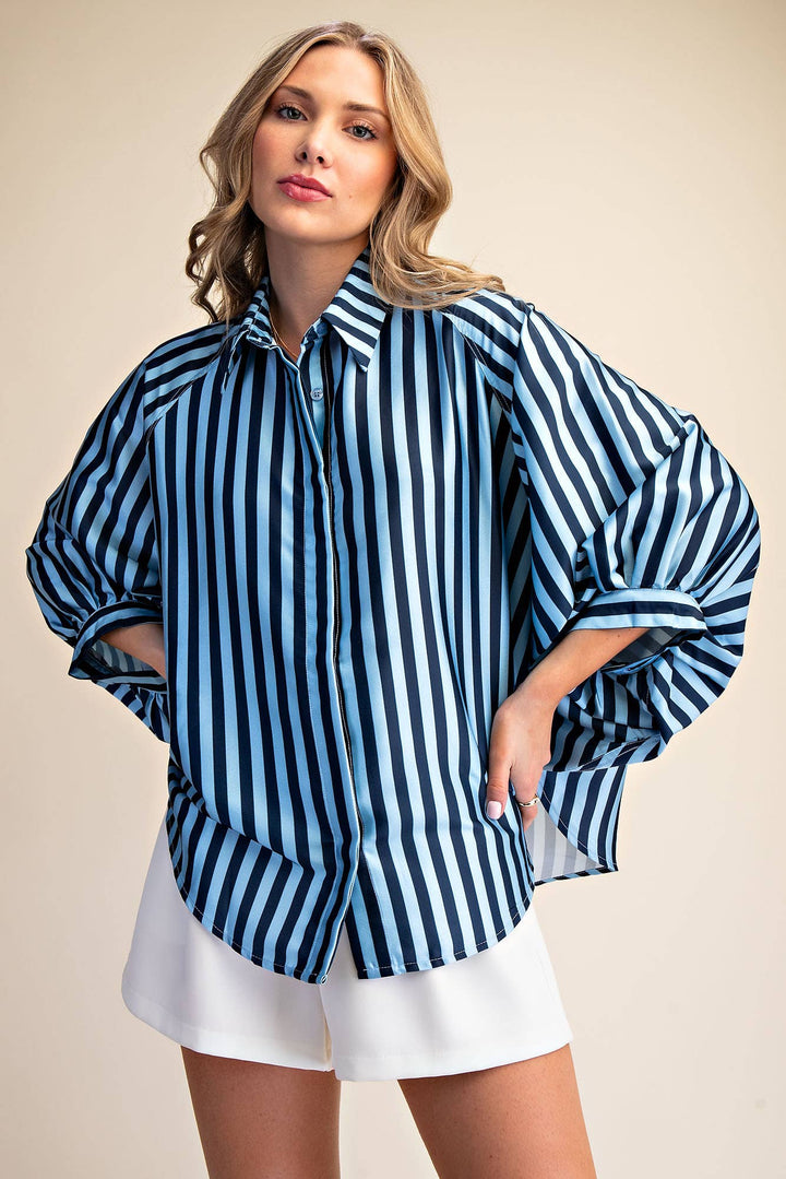 Women's 3/4 Sleeve - Balloon Dolman Sleeve Button Front Oversized Shirt - - Cultured Cloths Apparel