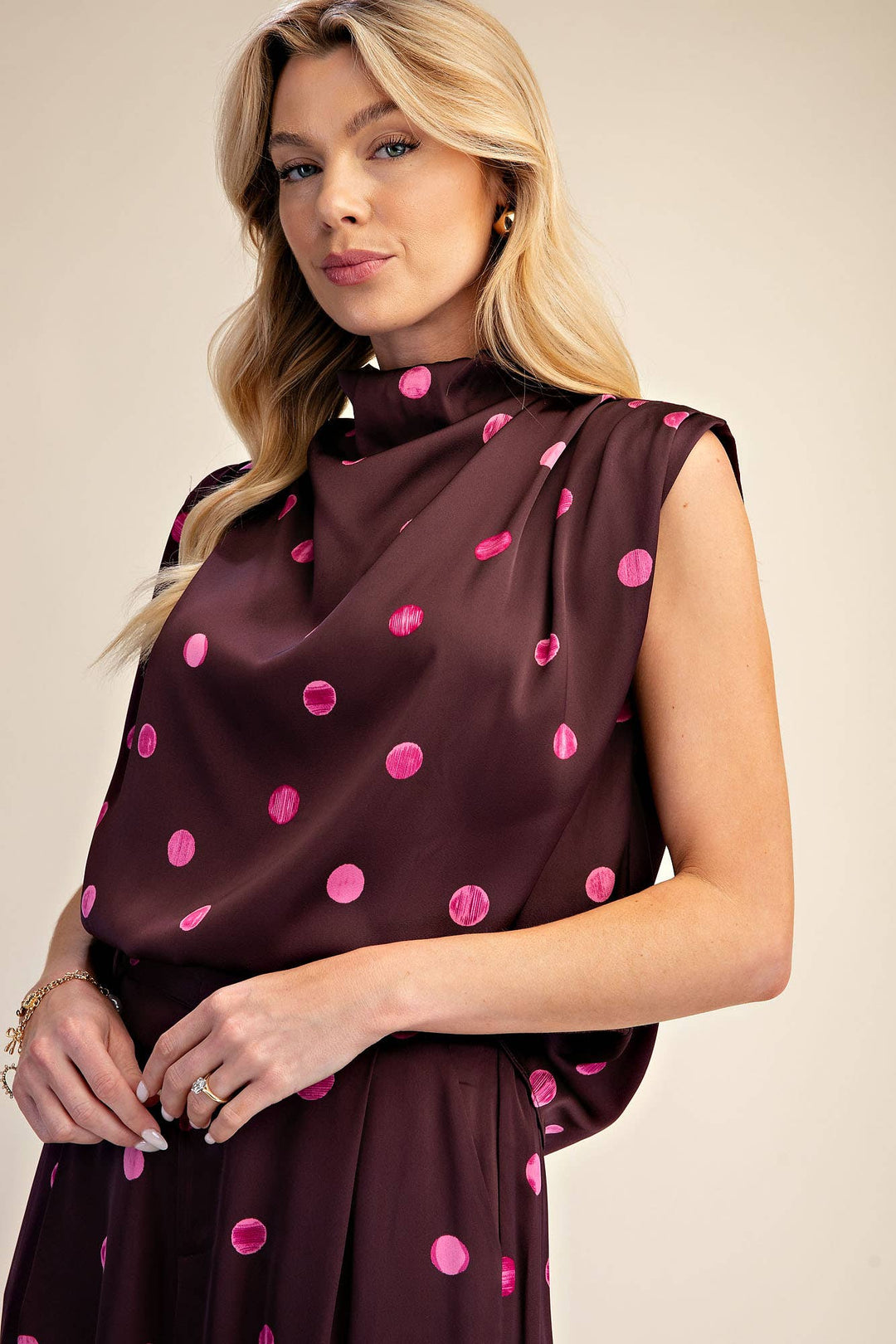 Cowl Mock Neck Pleats Shoulder Sleeveless Top Polka Dot