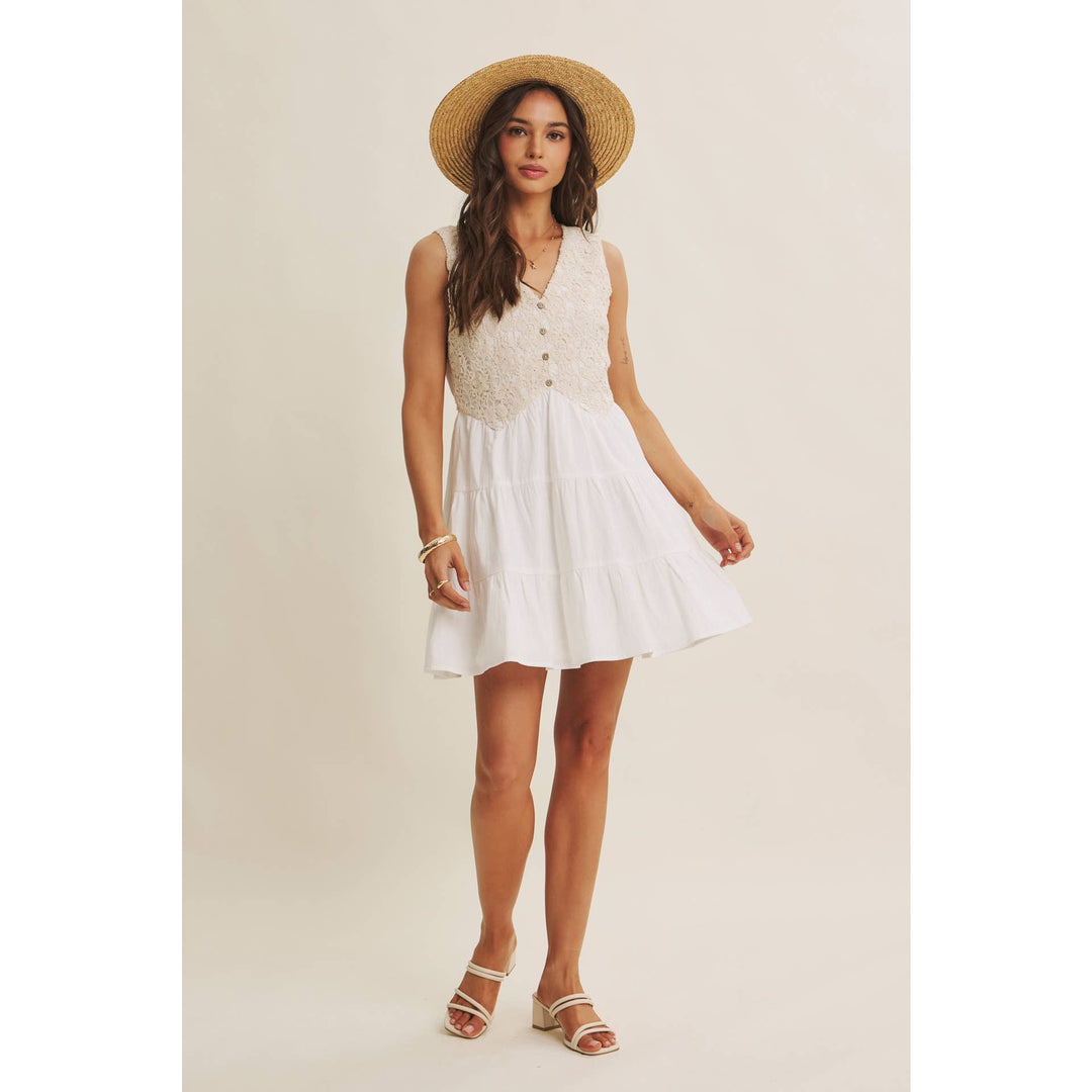 Dresses - FRENCH PICNIC MIXED MEDIA COTTON CROCHET MINI DRESS - - Cultured Cloths Apparel