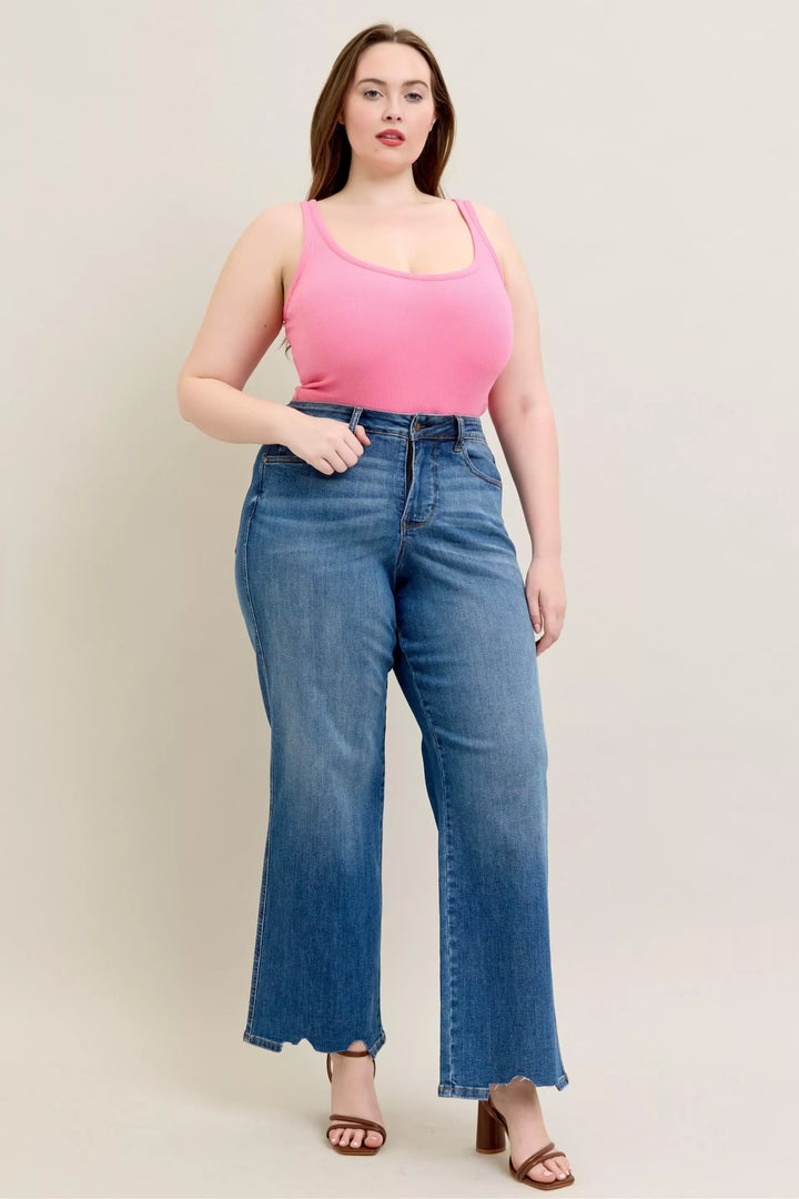 Denim - Judy Blue Full Size High Waist Tummy Control Chew Hem Destroy Wide Jeans Plus Size - - Cultured Cloths Apparel