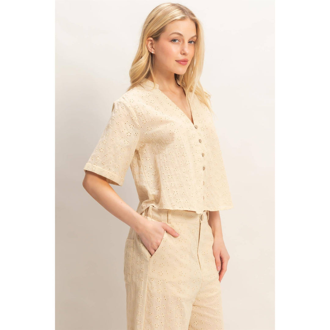 Olive Floral Eyelet Mandarin Collar Top