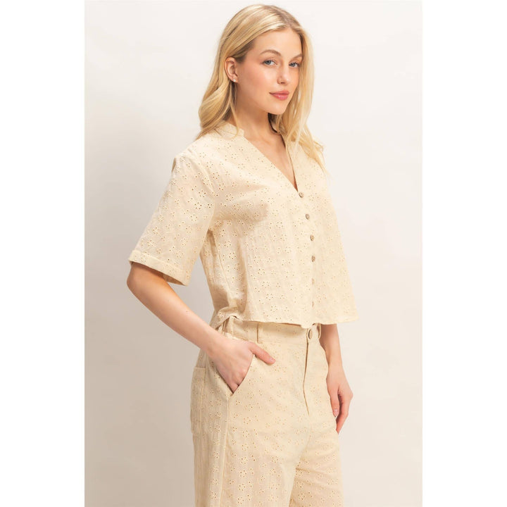 Olive Floral Eyelet Mandarin Collar Top