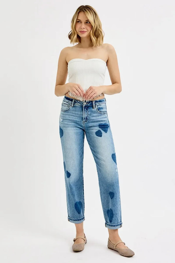 Denim - RISEN Full Size Mid Rise Fit-boyfriend Heart Shade Jeans Plus Size - - Cultured Cloths Apparel