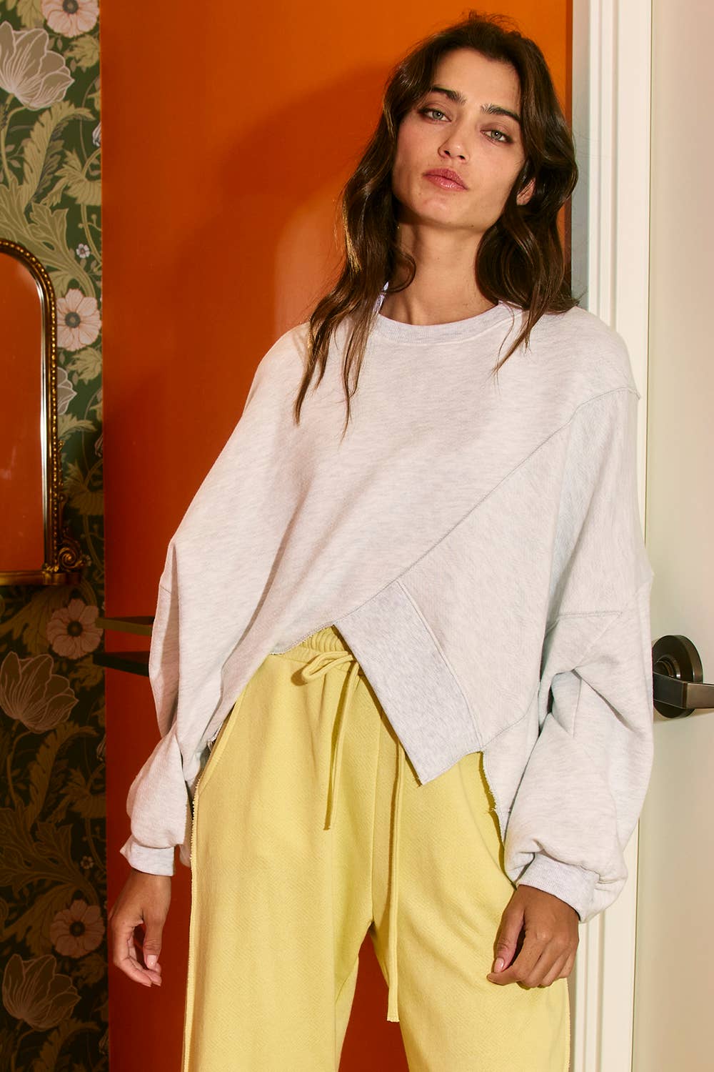 Women's Long Sleeve - Asymmetric Hem Solid Terry Sweatshirt Top - - Cultured Cloths Apparel
