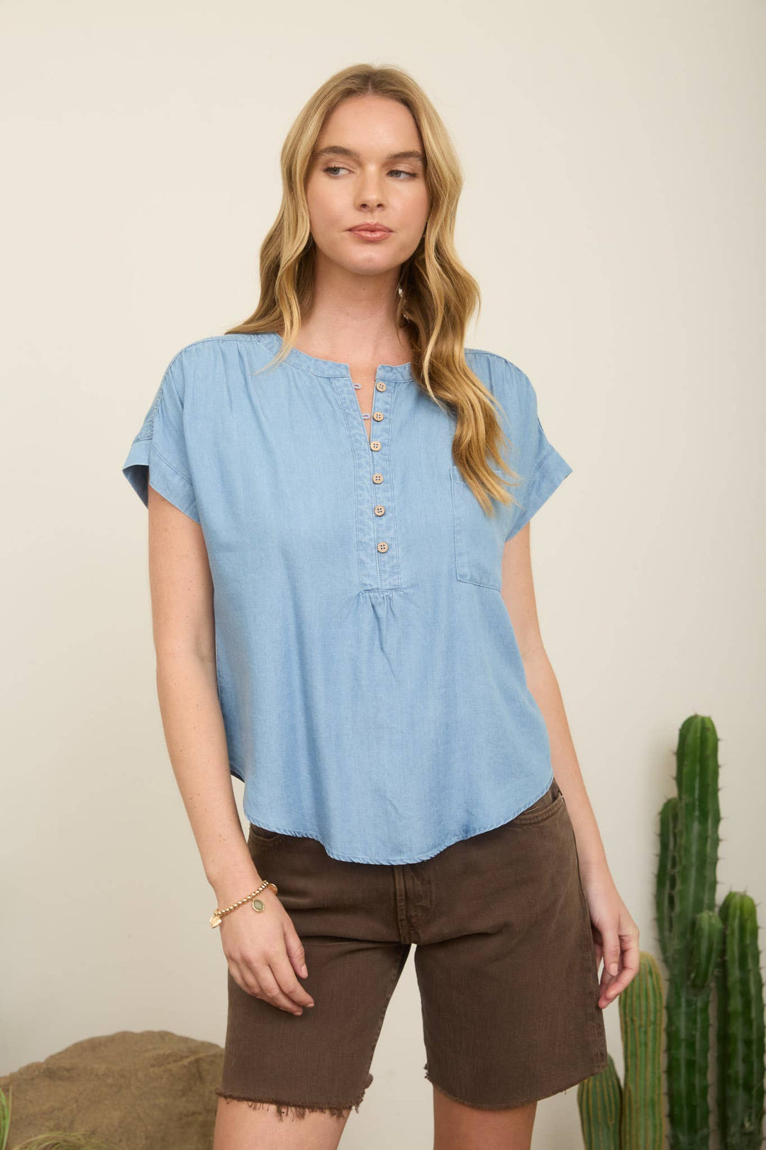 Women's Short Sleeve - CHAMBRAY HENLEY RUCHED SHOULDER SHORT SLEEVE TOP - - Cultured Cloths Apparel