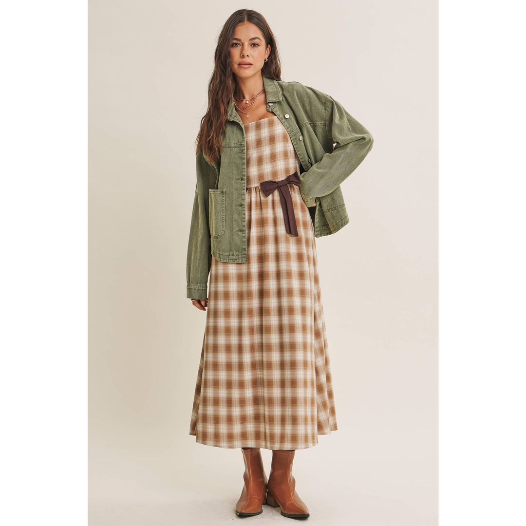 Women's Dresses - GOLDEN FIELD PLAID SMOCKED MIDI DRESS WITH CONTRAST BOW - - Cultured Cloths Apparel