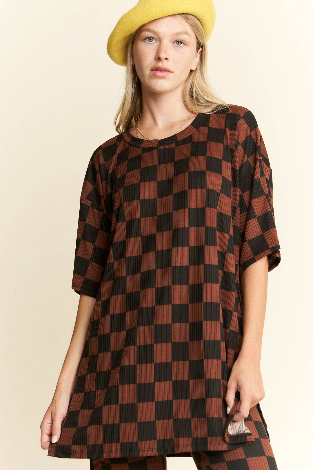 RIBBED CHECKERED PRINT TOP/STRAIGHT LEG PANTS SET