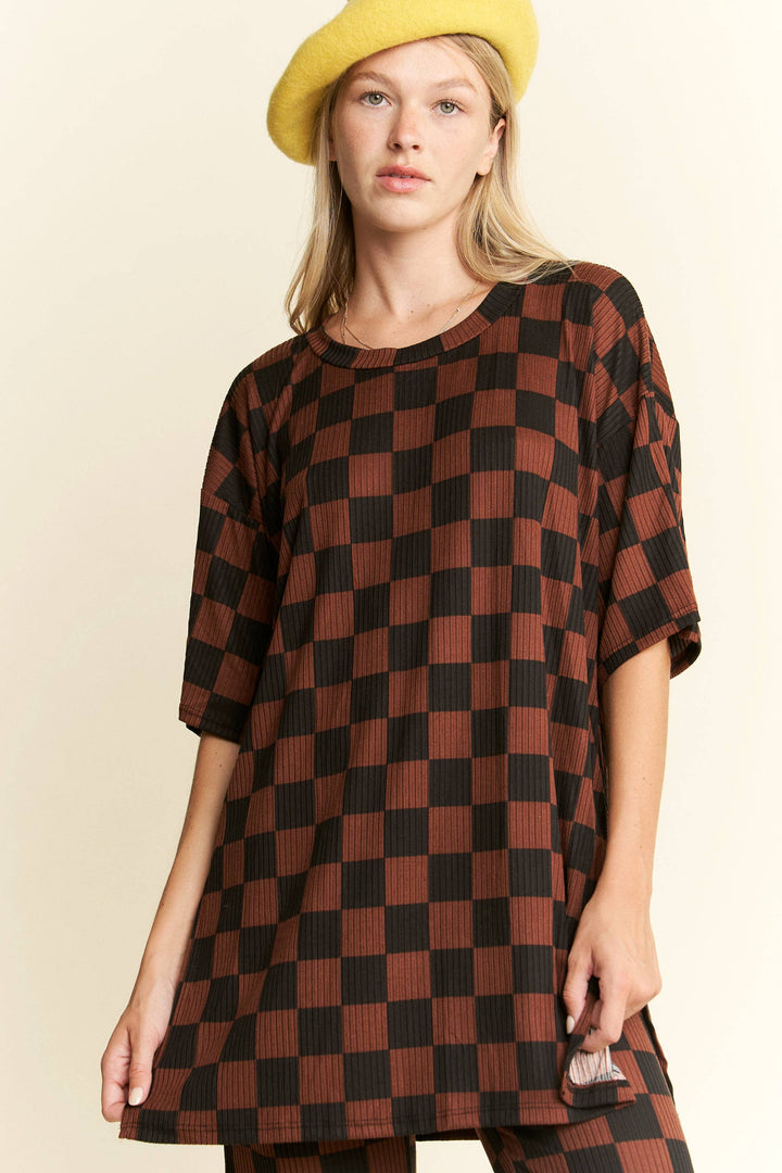 RIBBED CHECKERED PRINT TOP/STRAIGHT LEG PANTS SET
