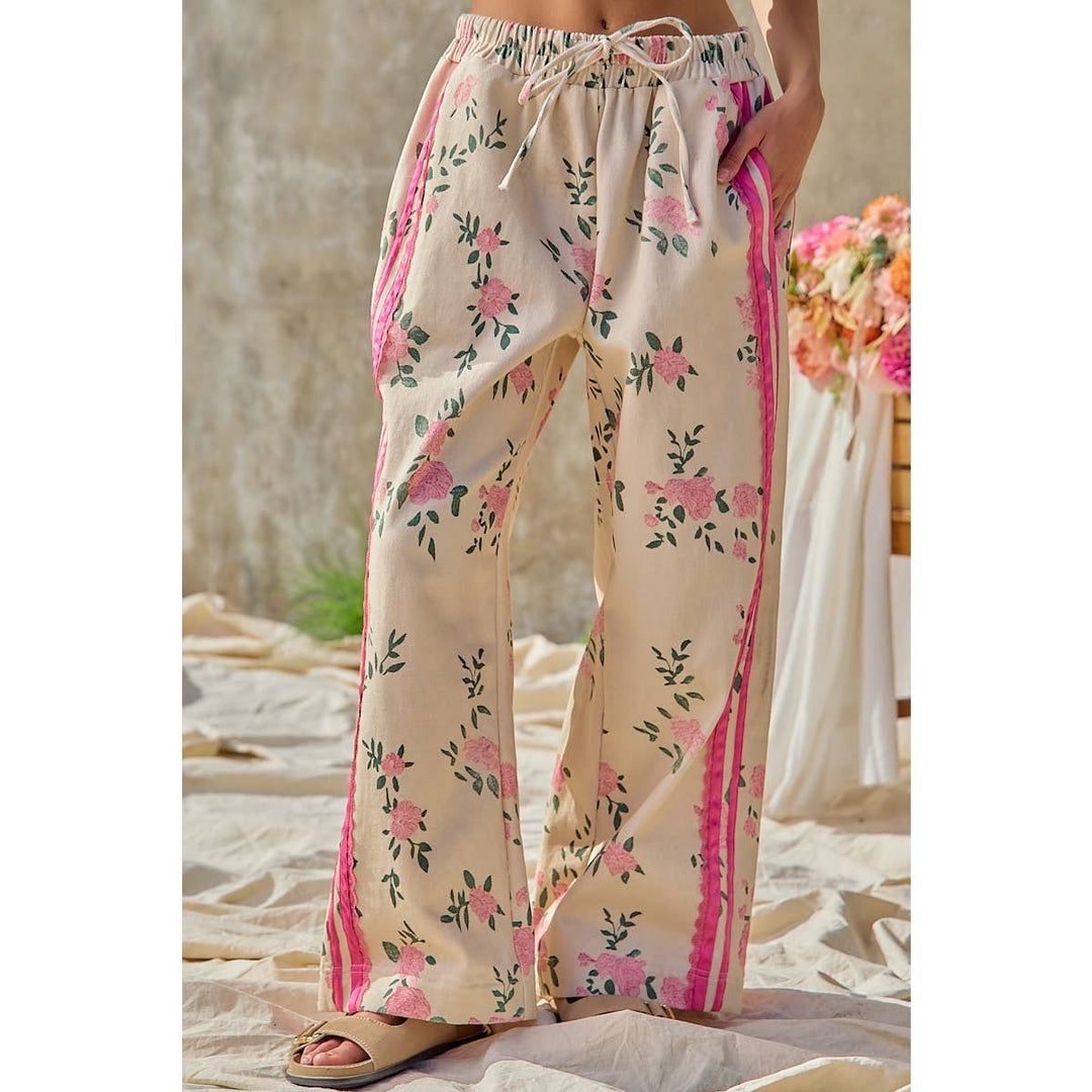 FLOWER PRINTED TWILL SIDE TRIM ELASTIC WAIST PANTS