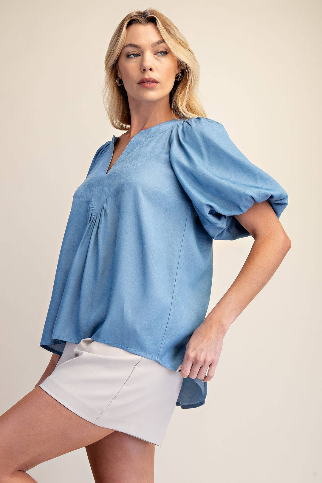 - V-Neck Placket Balloon Sleeve Top - - Cultured Cloths Apparel