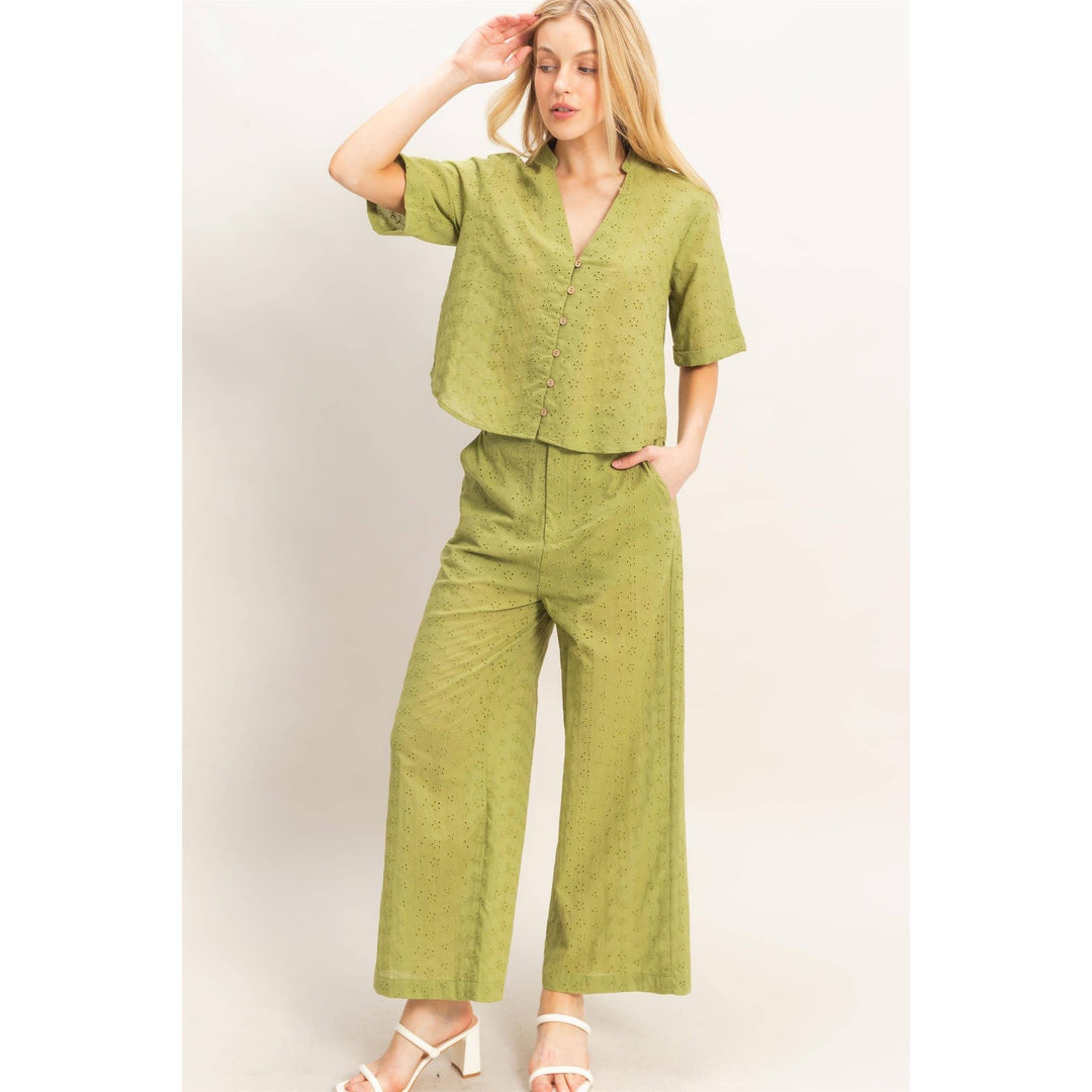 Olive Floral Eyelet Pants