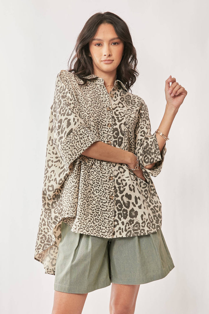Leopard Print Oversized High-Low Button-Down Shirt