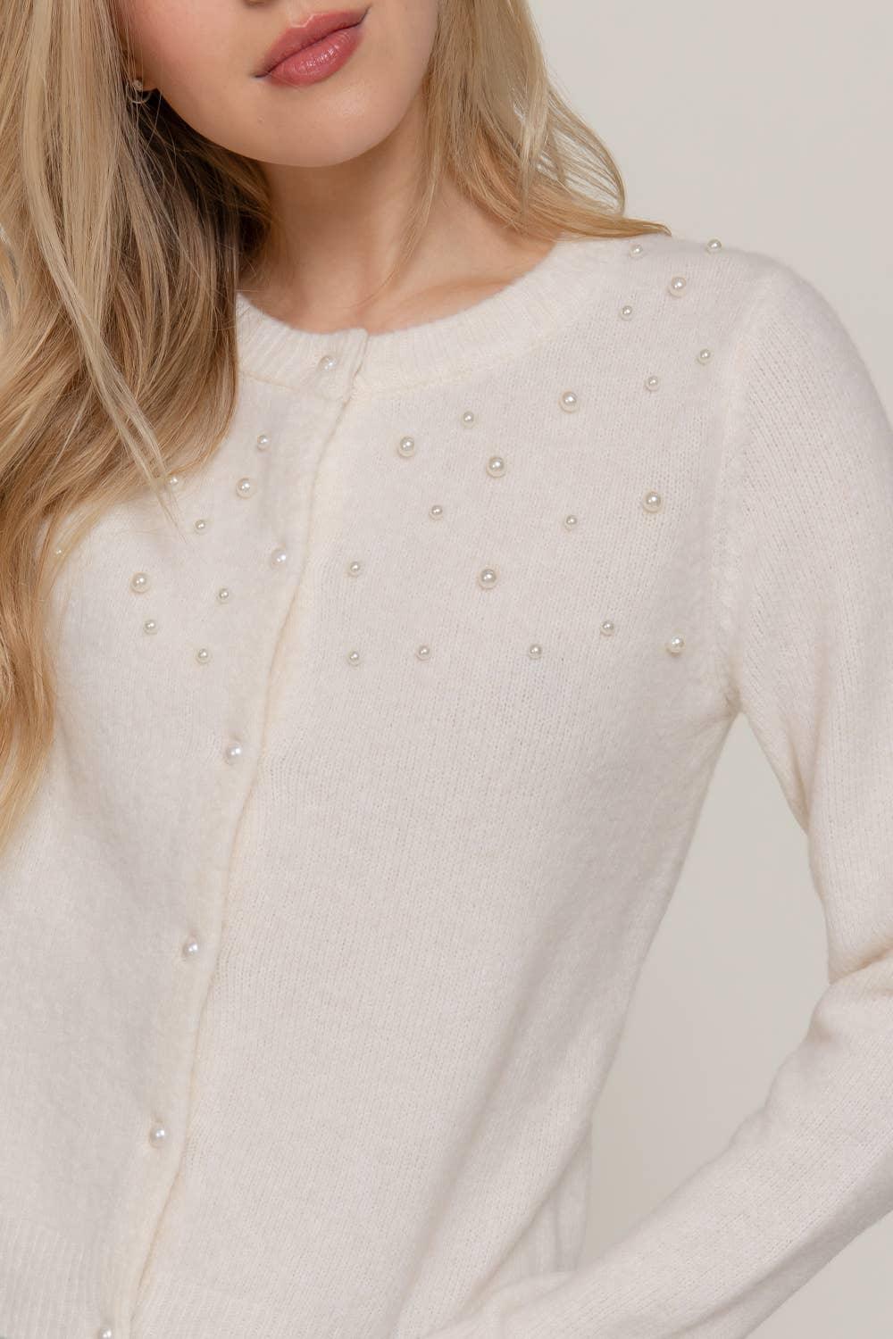Women's Sweaters - Long Sleeve Round Neck Pearl Embellished Sweater Cardigan - - Cultured Cloths Apparel