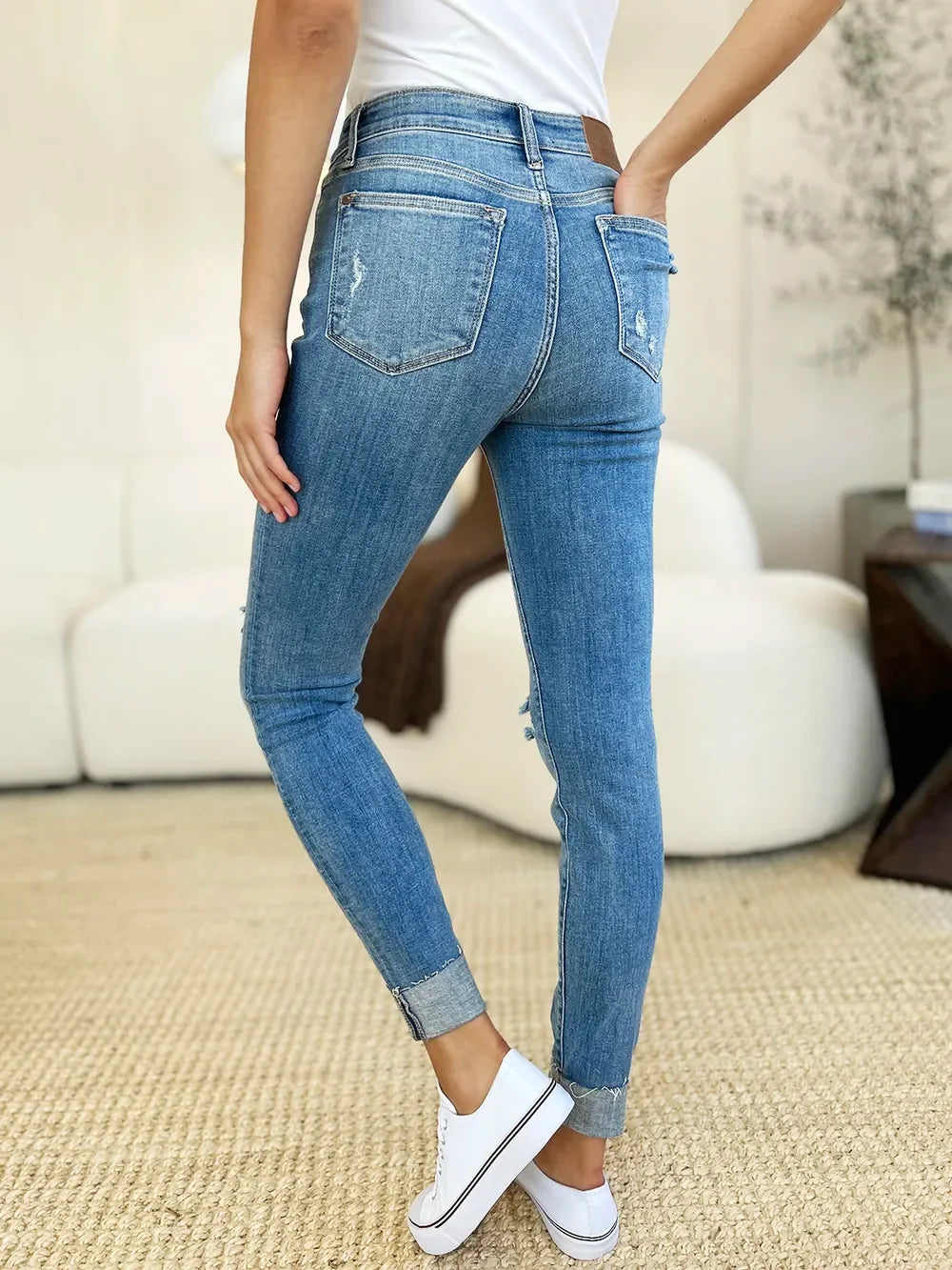 Denim - Judy Blue Full Size Mid Rise Destroy & Cuff Skinny Jeans - - Cultured Cloths Apparel