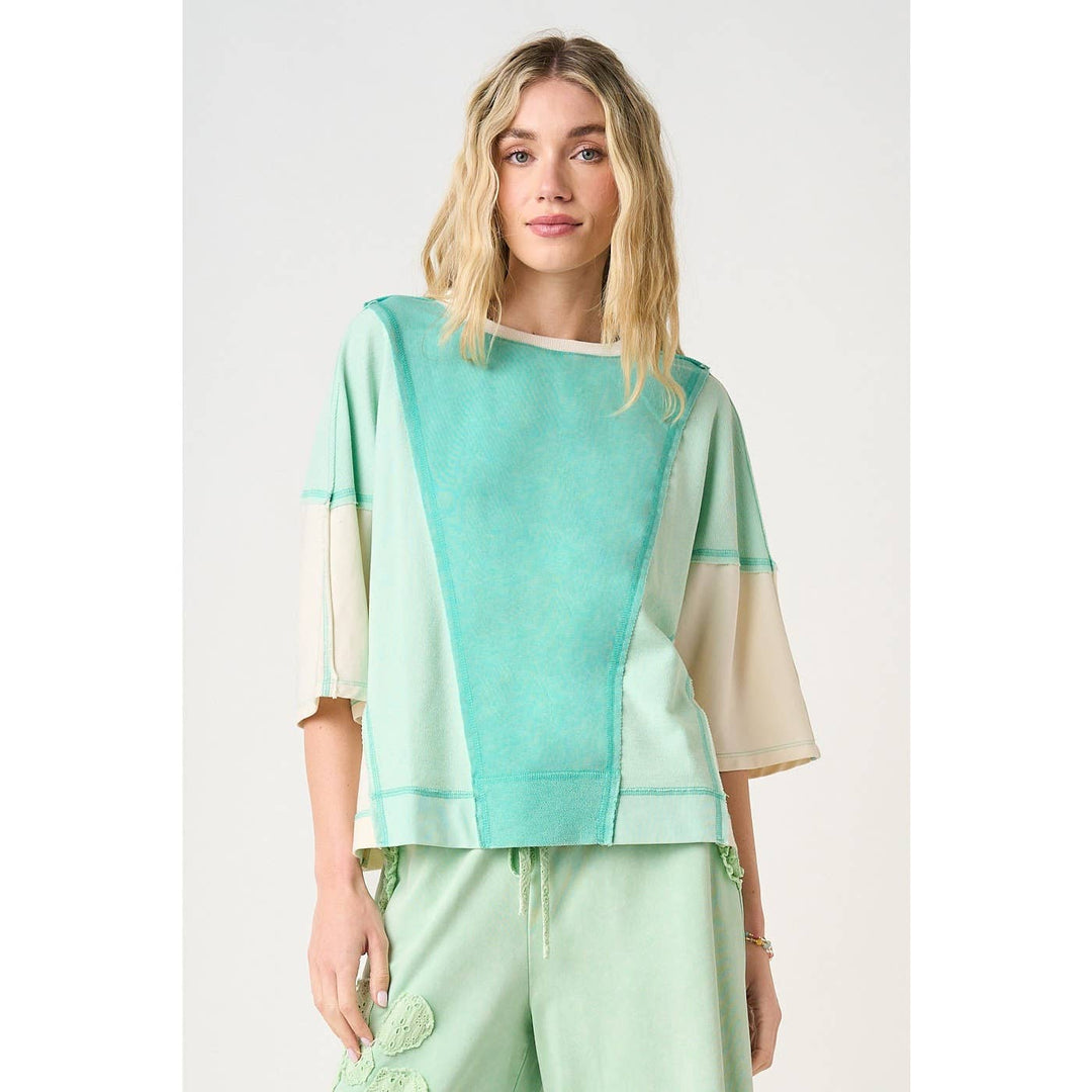 Women's Short Sleeve - MINERAL WASH COLOR BLOCK RELAXED FIT SHORT SLEEVE TOP - - Cultured Cloths Apparel
