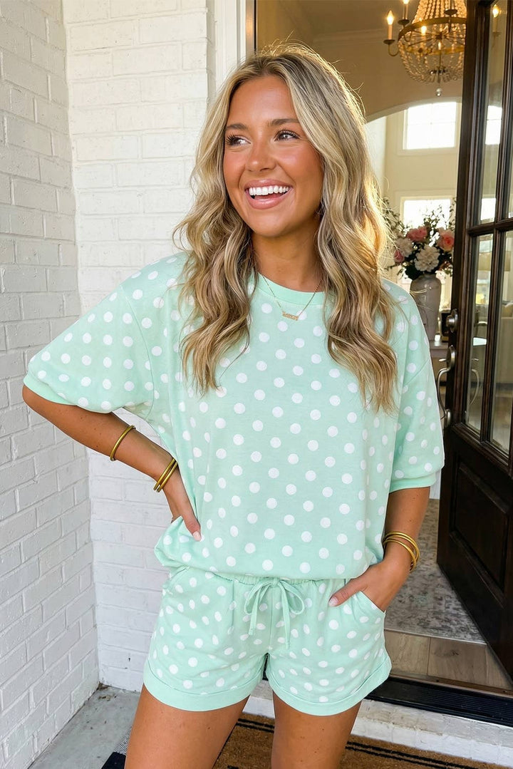 Polka Dot Print Top Drawstring Shorts Set (S-XL)