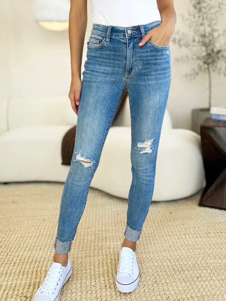 Denim - Judy Blue Full Size Mid Rise Destroy & Cuff Skinny Jeans - - Cultured Cloths Apparel
