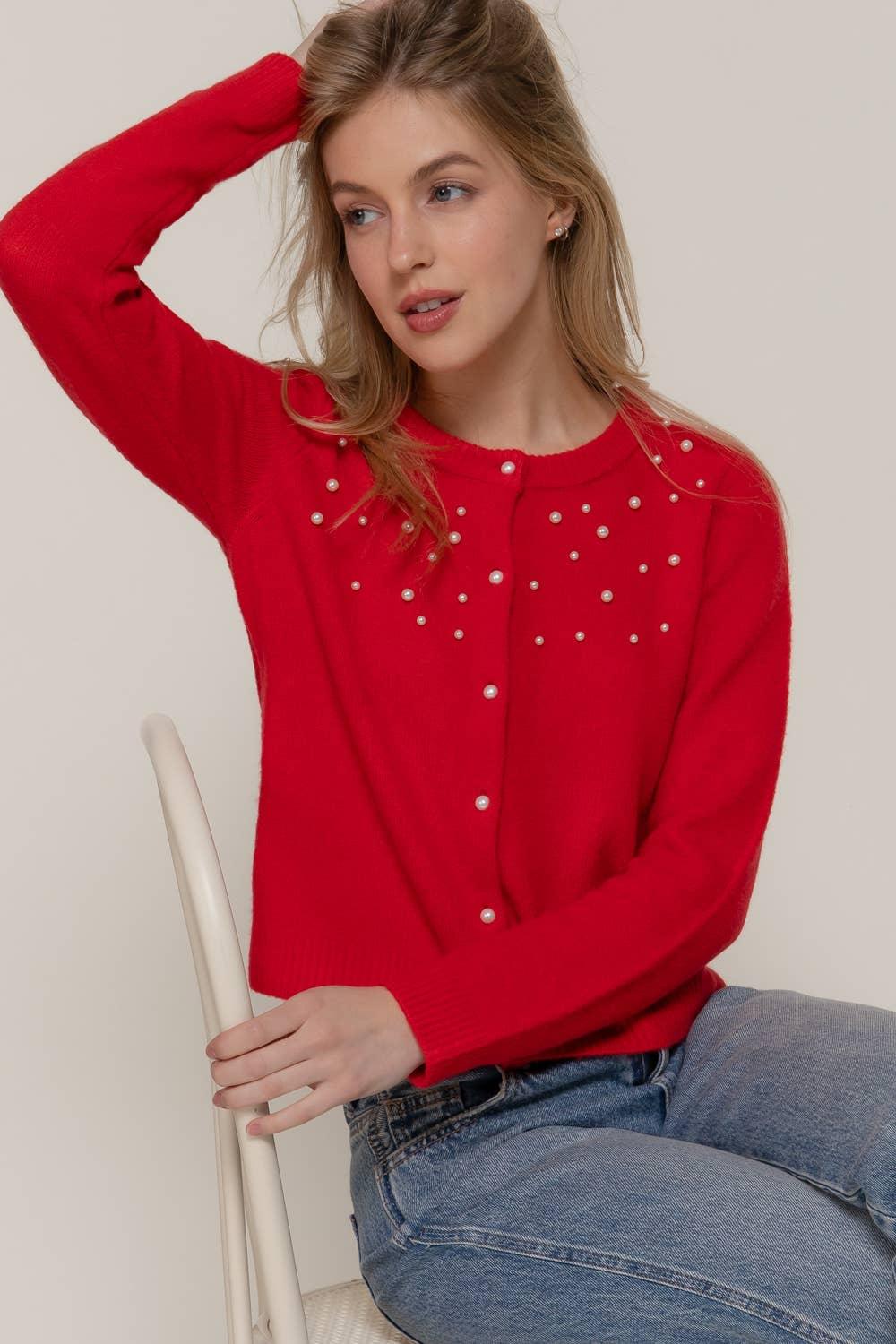 Women's Sweaters - Long Sleeve Round Neck Pearl Embellished Sweater Cardigan - RED - Cultured Cloths Apparel