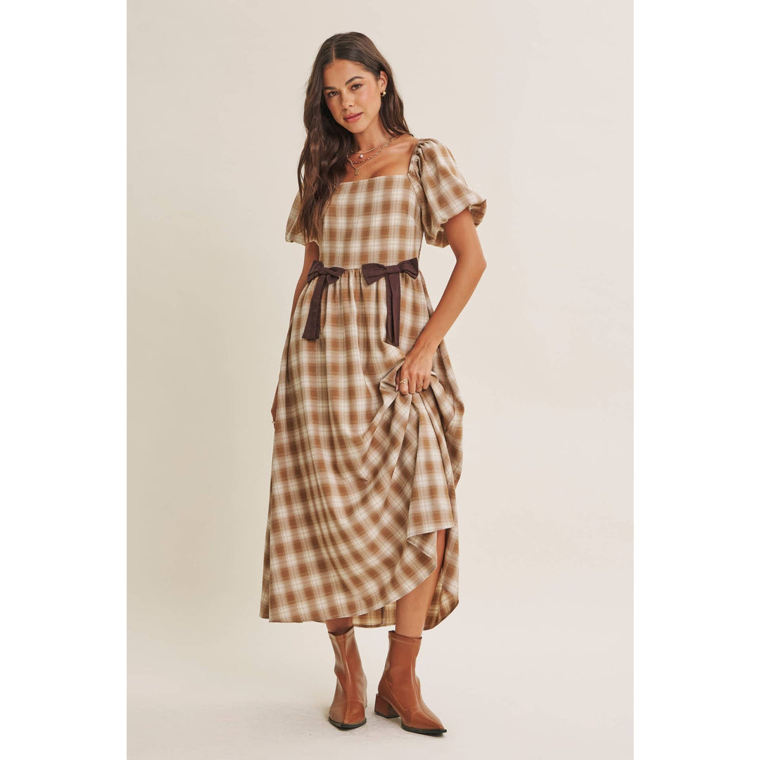 Women's Dresses - GOLDEN FIELD PLAID SMOCKED MIDI DRESS WITH CONTRAST BOW - - Cultured Cloths Apparel