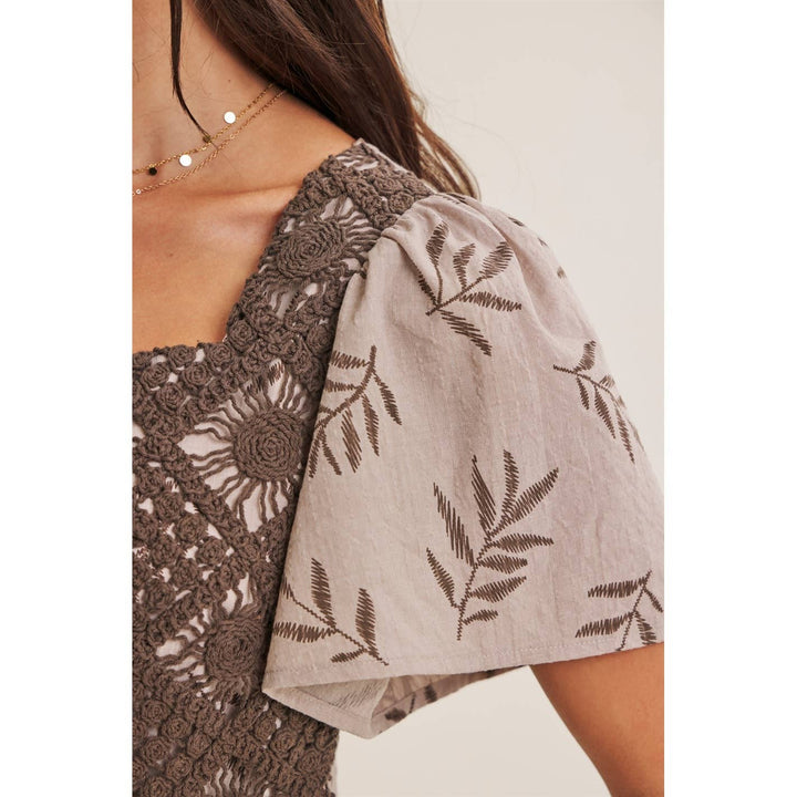 Women's Dresses - ARTISAN CROCHET FERN PRINT SMOCKED BABYDOLL MINI DRESS - - Cultured Cloths Apparel