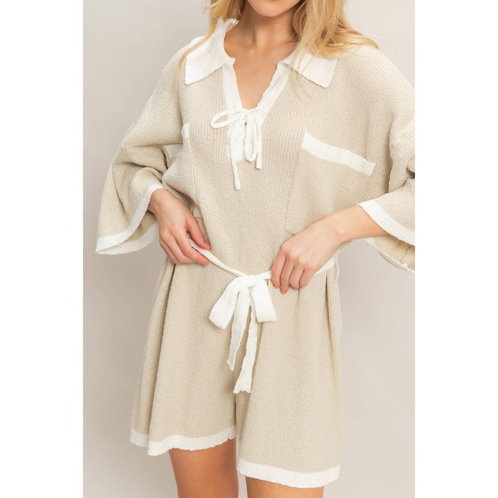 Women's Rompers - Knit Romper With Contrast Tie - - Cultured Cloths Apparel