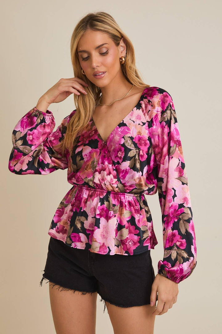 Women's Long Sleeve - LONG SLEEVE SURPLICE PEPPLUM TOP - BLACK-FUCHSIA FLORAL - Cultured Cloths Apparel